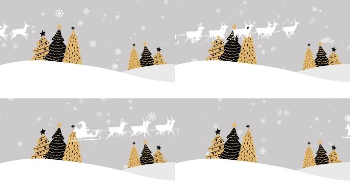 圣诞树和圣诞老人在雪撬上的动画