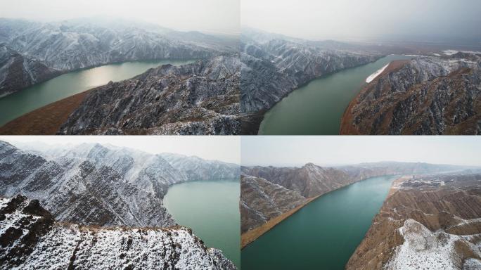 4K素材：航拍大雪覆盖青铜峡黄河大峡谷