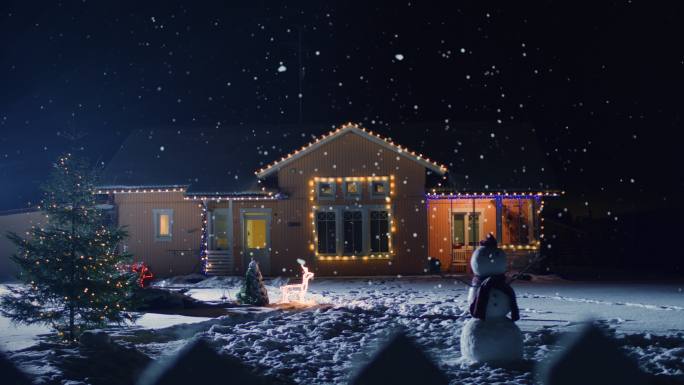 圣诞夜装饰着彩灯和花环的田园诗般的房子