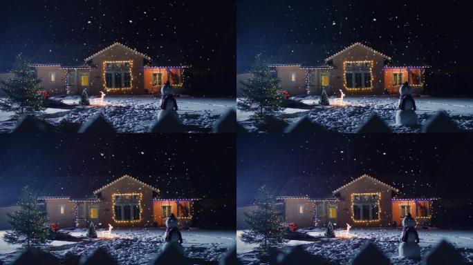 圣诞夜装饰着彩灯和花环的田园诗般的房子