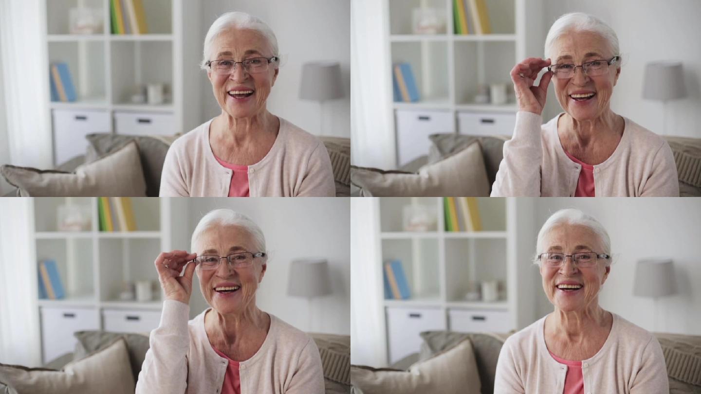 家中戴眼镜的快乐老妇人画像
