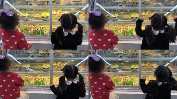在蛋糕店里挑选蛋糕的两个小女孩