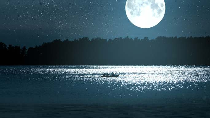 满月下渔夫的船大月亮中秋八月十五波光粼粼