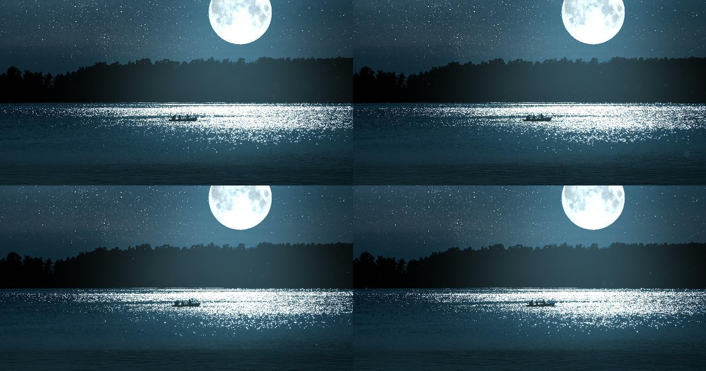 满月下渔夫的船大月亮中秋八月十五波光粼粼