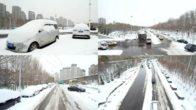 城市下雪、雪天行车、大雪、冬天下雪城市