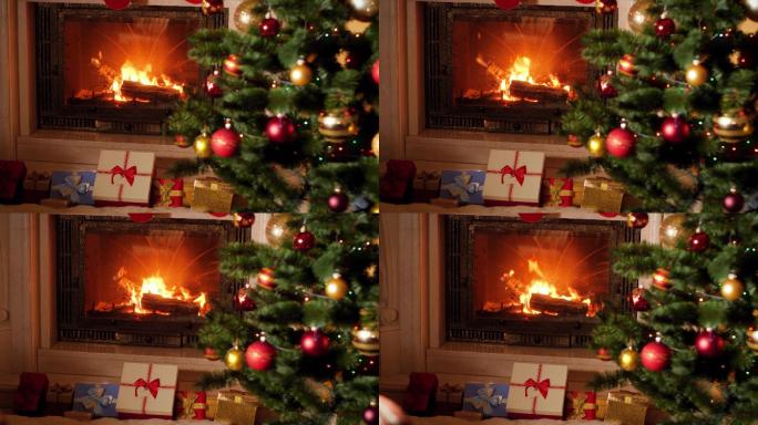 壁炉旁的圣诞树和礼物