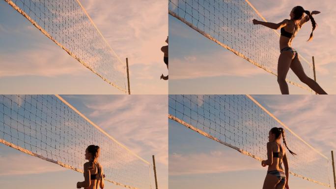女孩在玩沙滩排球三亚厦门青岛风景海南海岛