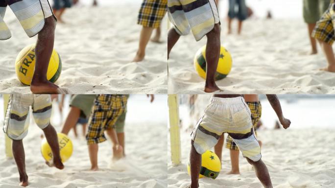 巴西海滩上踢足球的孩子们