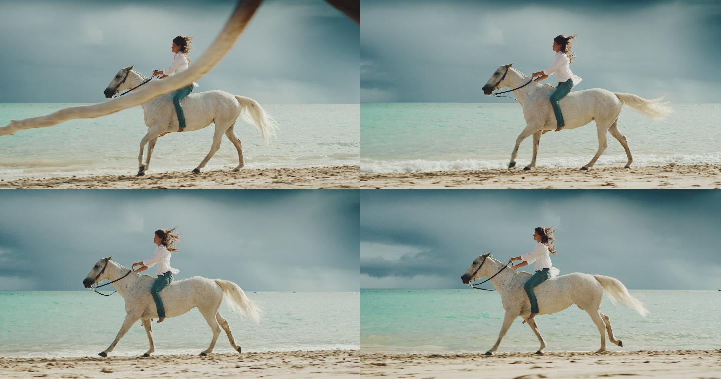 女子骑马沿着沙滩海岸线疾驰