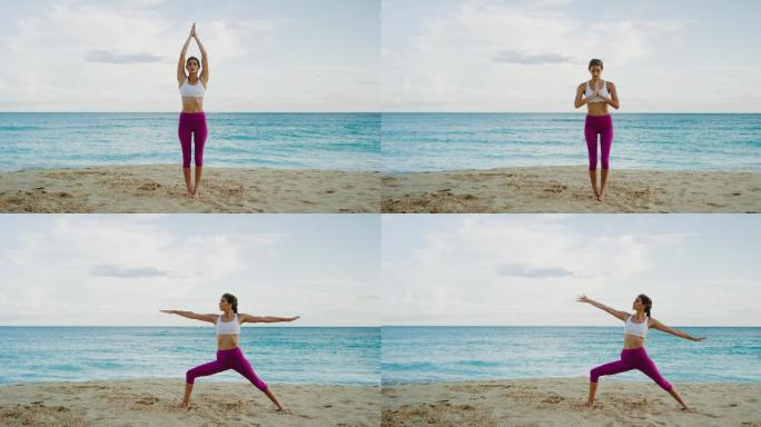在海边练习瑜伽的女人