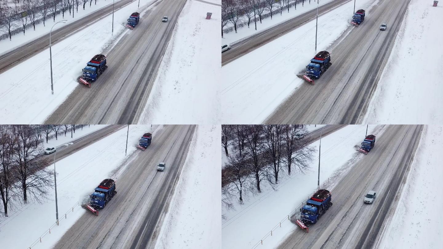 下雪后，公路上有带除雪器的卡车