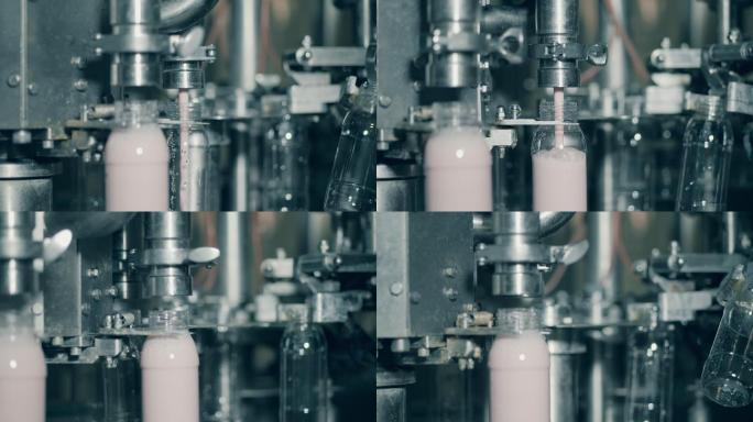 工厂机器用酸奶填充瓶子。