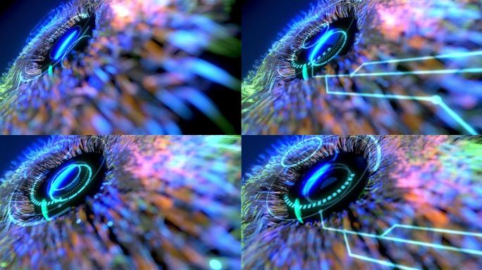 科幻数字全息界面3d渲染瞳孔的运动图形特写镜头。