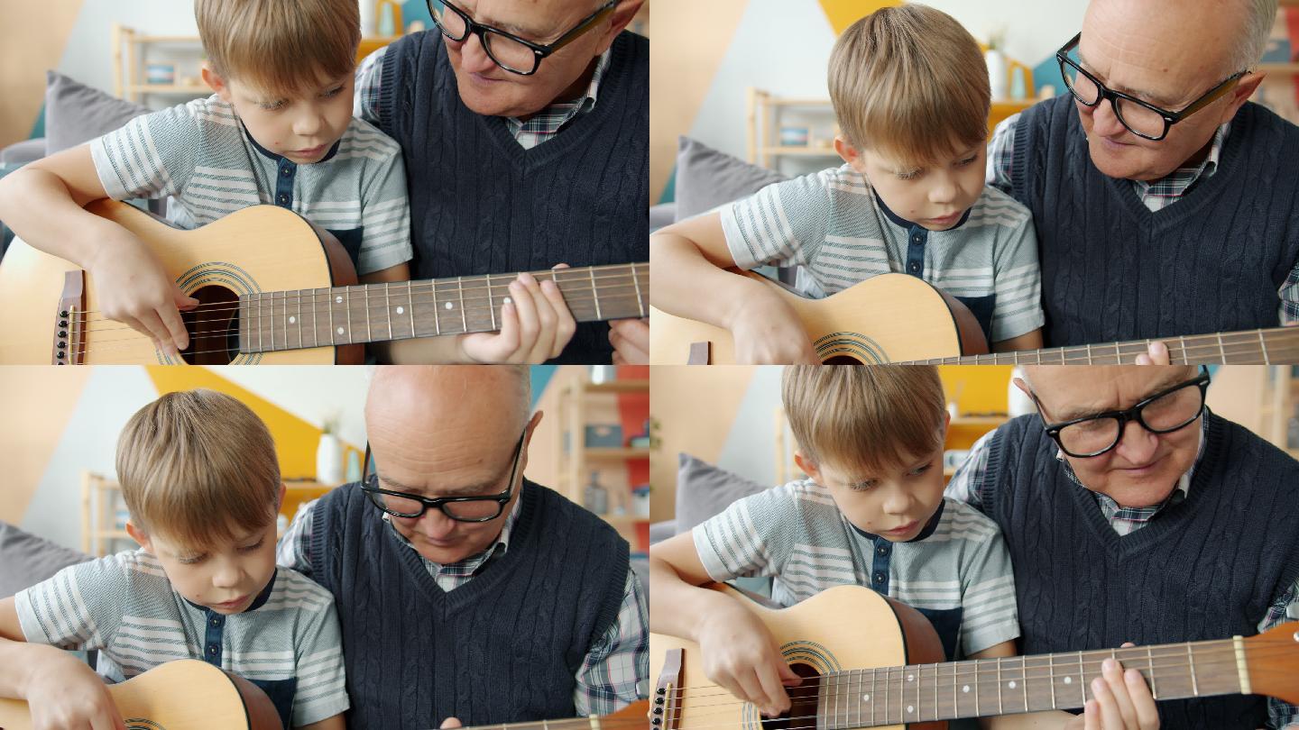 慈祥的爷爷在家帮助可爱的孩子学吉他