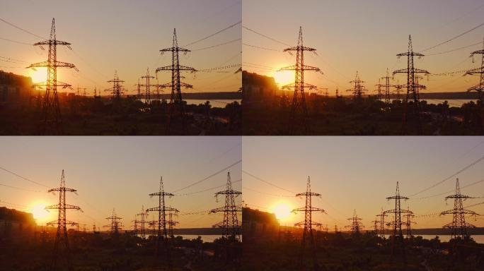 日落时的高压电线电塔国家电网生活用电