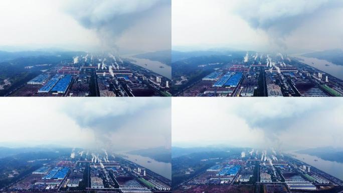 航拍重庆钢铁工厂工业生产废气排环境污染