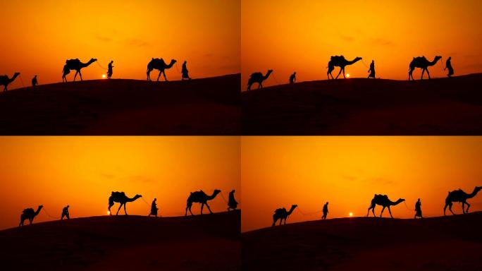 日落时分牵着骆驼走的人