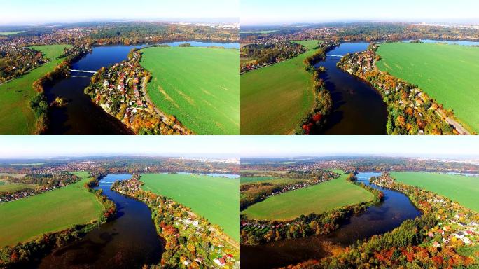无人机飞越捷克乡村的一个湖泊。