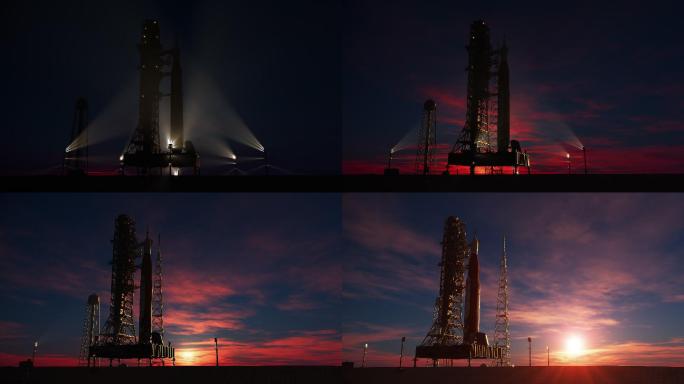 太阳升起的背景下的大型重型火箭