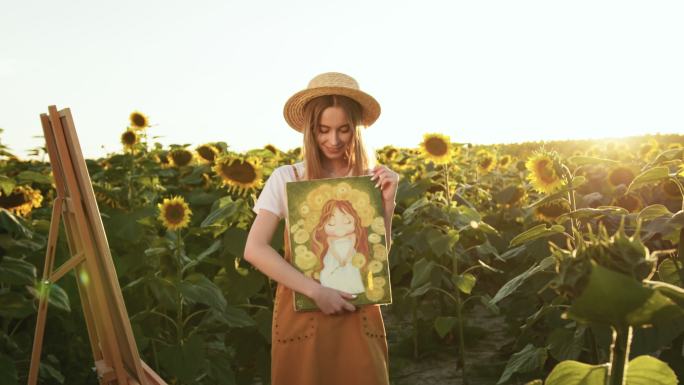 女人站在一片向日葵的中间微笑