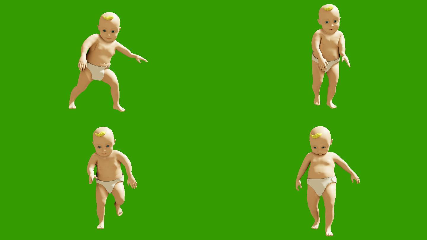 一个小孩在绿色屏幕上跳舞。