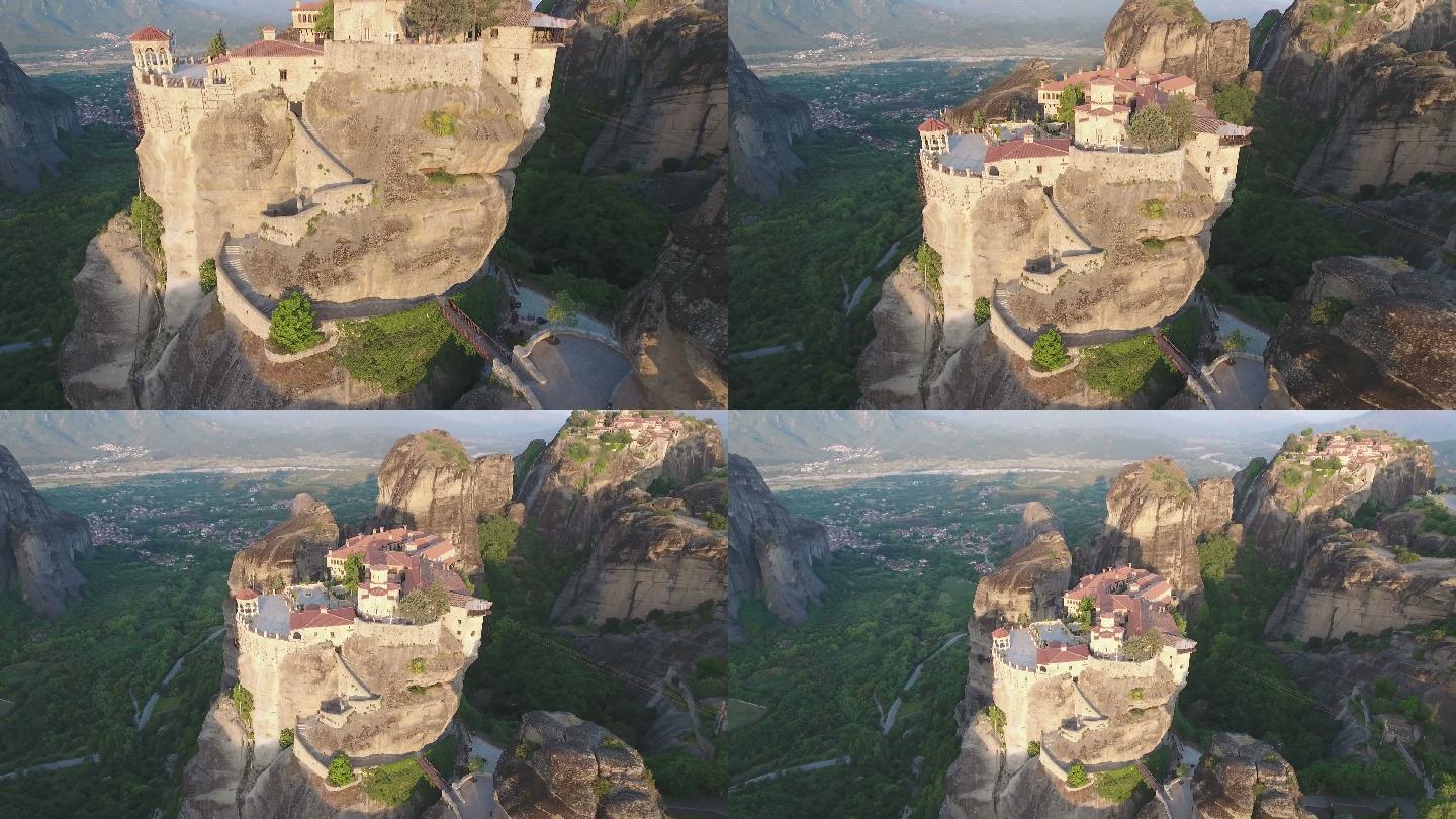无人机俯瞰希腊瓦拉姆修道院和岩石