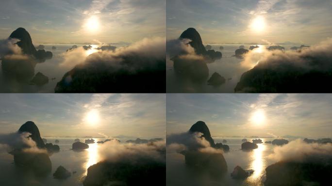 俯瞰攀牙湾的美景航拍山水湖泊小岛云雾云端