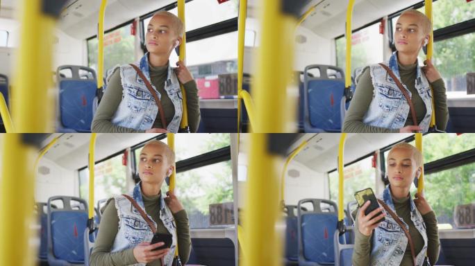 女性在城市戴着耳机在公交车上