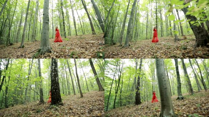 年轻女子在森林里散步