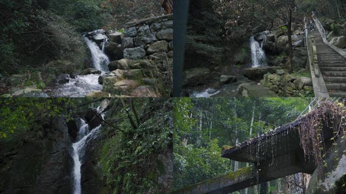 4k山景山涧流水瀑布石缝中的泉水竹林