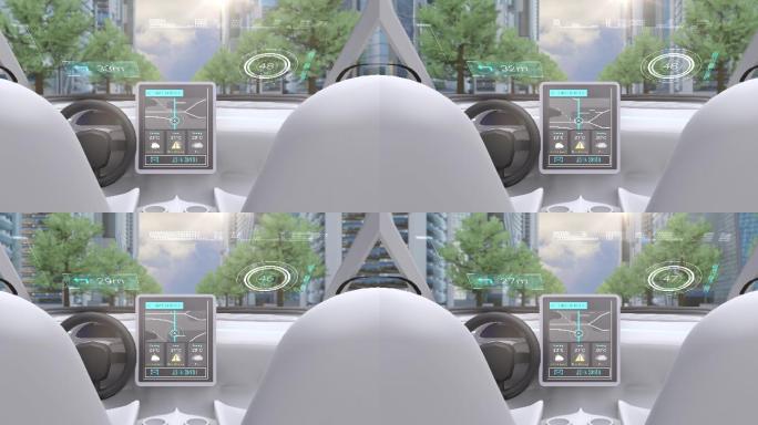显示汽车驾驶舱在城市街道上行驶的模拟屏幕