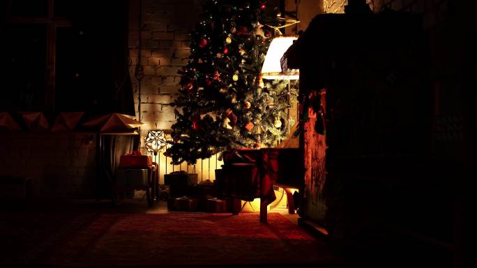 庆祝新年的圣诞树节日装扮闪闪发光温暖橱窗
