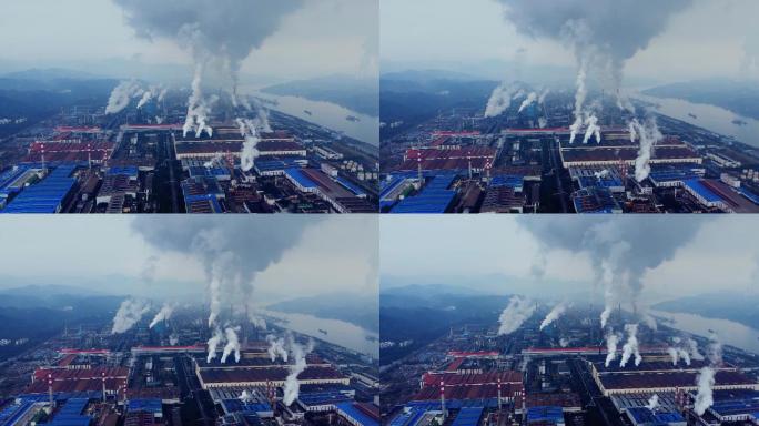 航拍重庆钢铁工厂工业生产废气排放生态环境