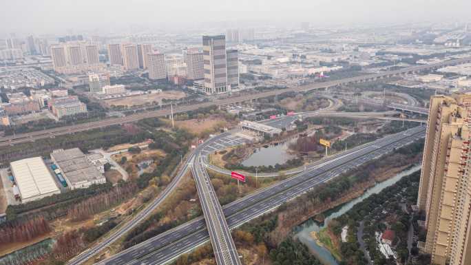 航拍昆山京沪高速高铁路桥车流延时摄影