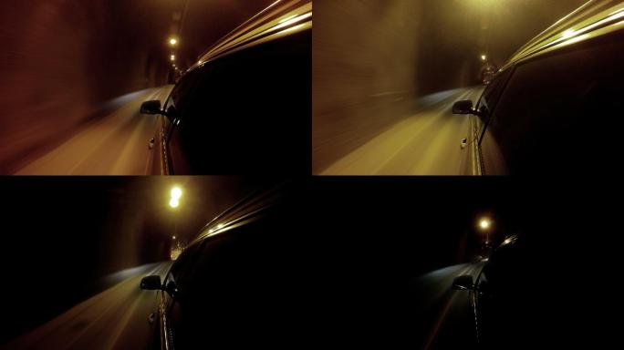 一辆汽车穿过隧道夜晚飙车驾车行驶晚上开车