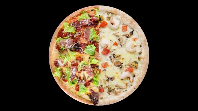 黑色背景上配料的披萨俯视图