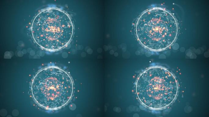 深蓝色背景上的小水滴状轻原子的分子结构。