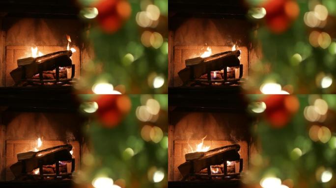 壁炉旁的圣诞树冬季取暖圣诞节气氛西方节日