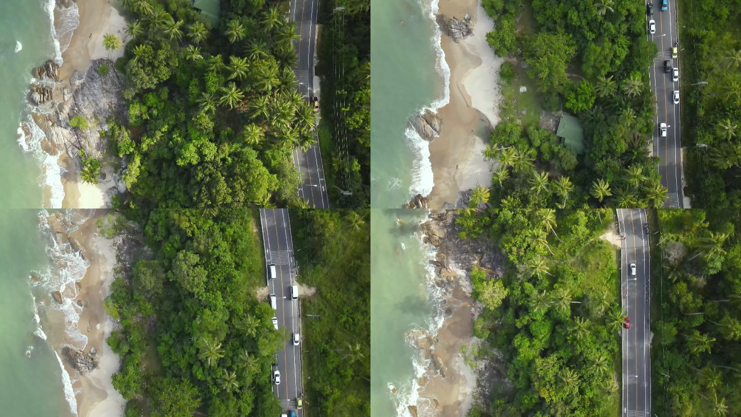 海滩沿线道路的俯视图或鸟瞰图