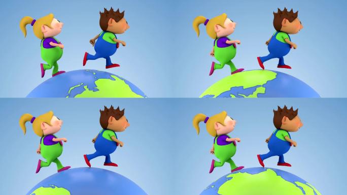 男孩和女孩在世界各地奔跑