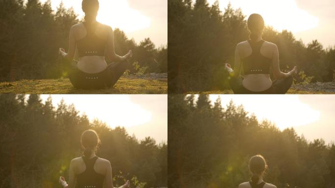 在山腰冥想的女人4K晨练打坐静坐光影