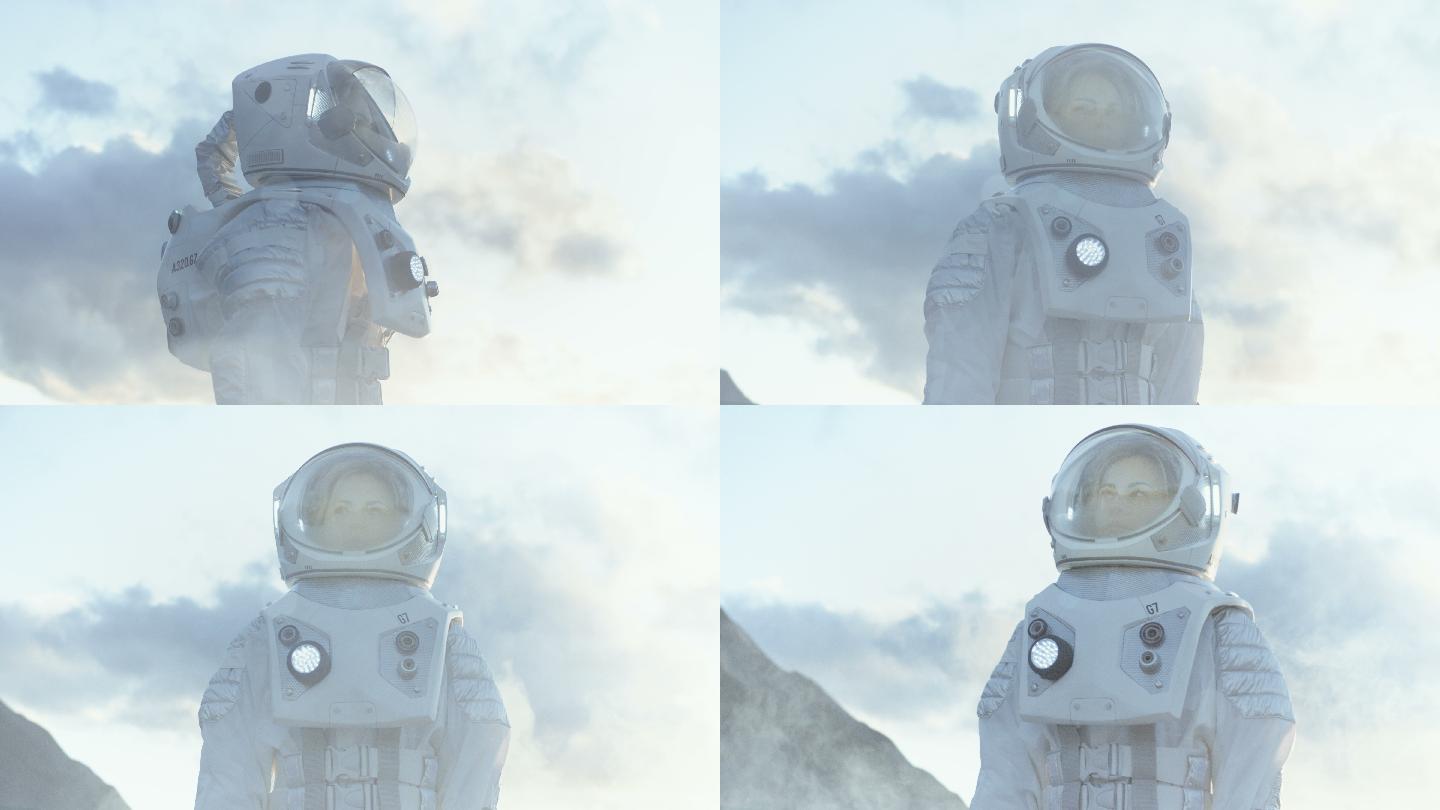 穿着宇航服的女宇航员环顾冰冻的外星