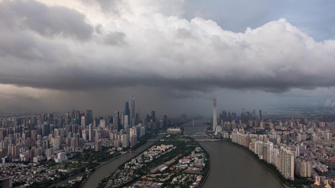 航拍广州珠江新城暴雨延时摄影