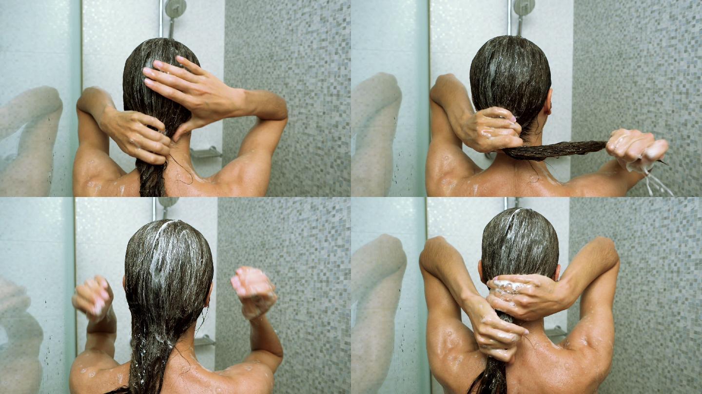 在淋浴间洗头发的女人
