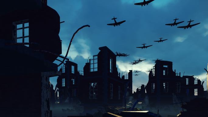 一支军用飞机舰队飞过一座废弃城市的废墟