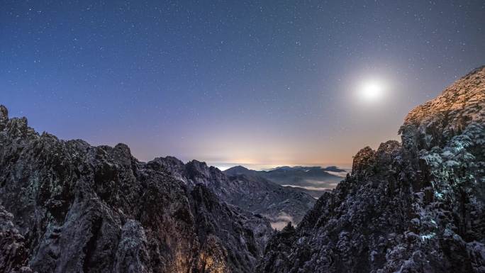 【4k无水印】黄山雪景星空云海