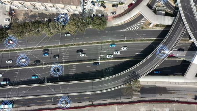 鸟瞰道路交通技术智慧化城市实景结合线条智