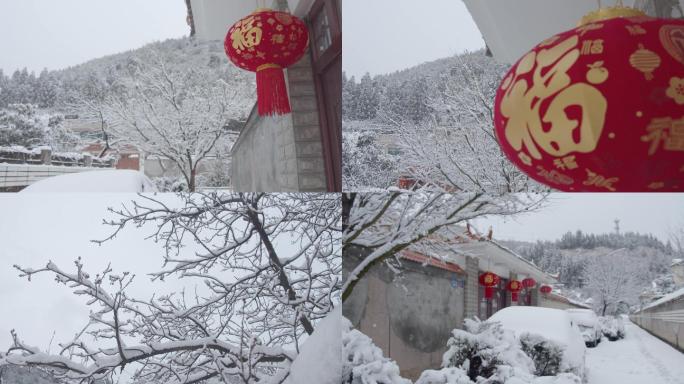 春节喜庆红灯笼门口下大雪