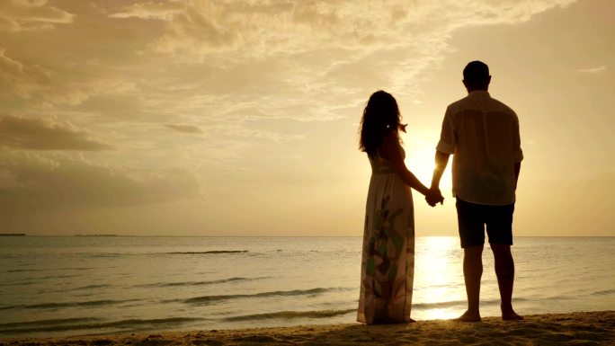 夫妇手牵着手，面对大海和日落。