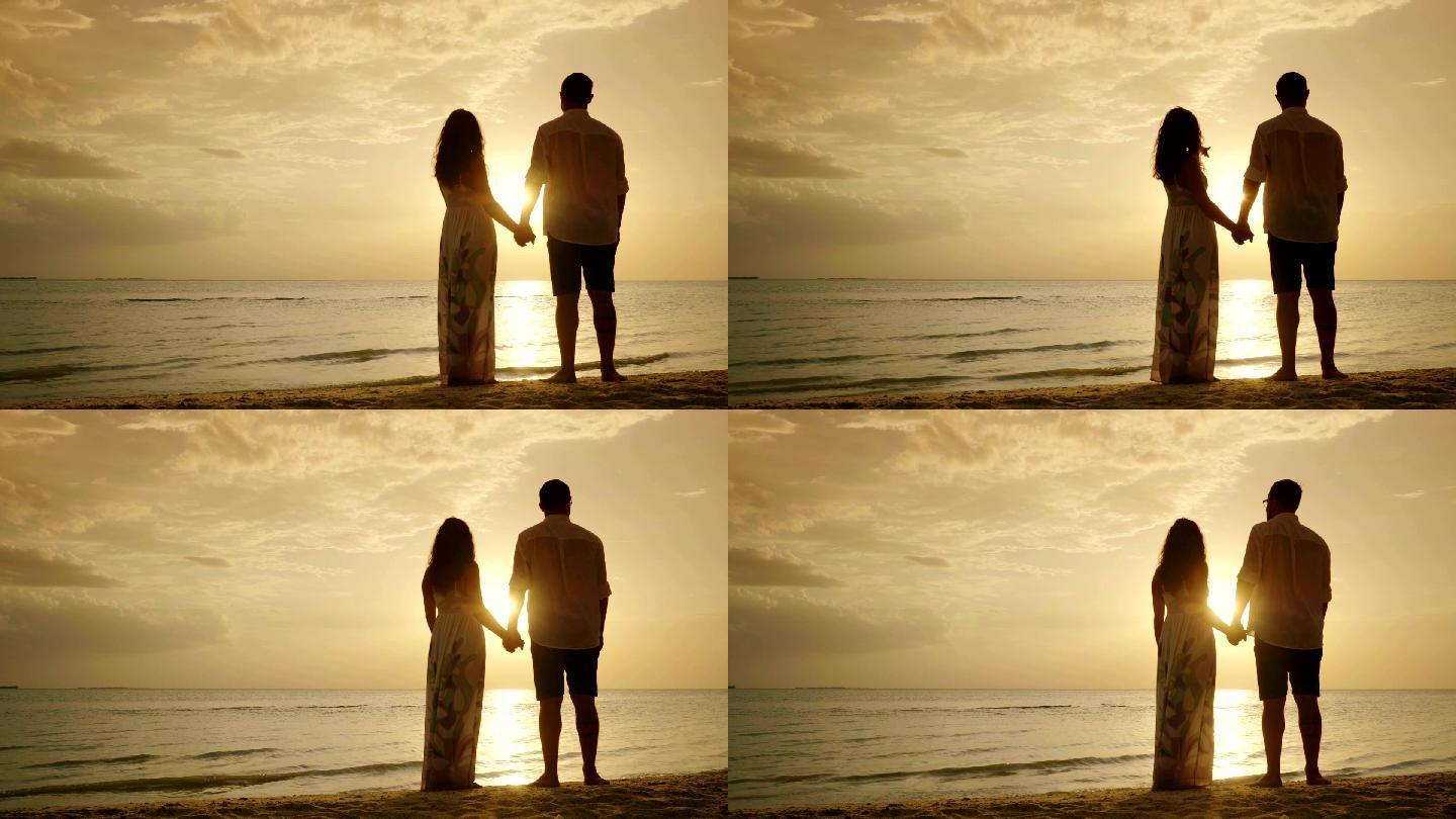 夫妇手牵着手，面对大海和日落。